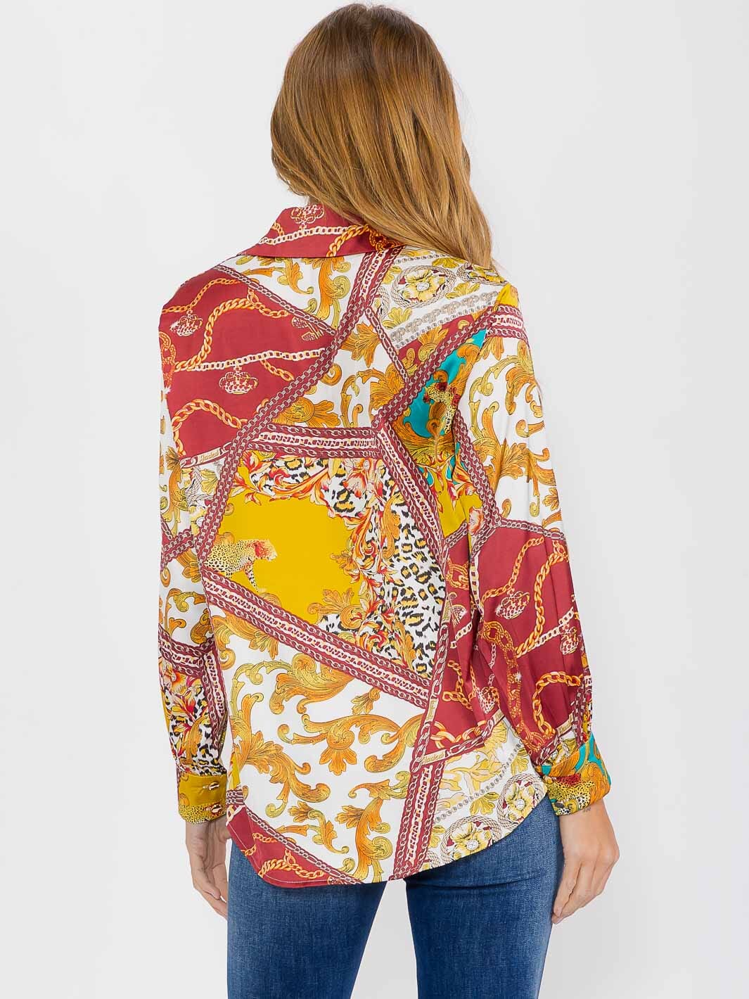 WOMEN'S LONG SLEEVE BUTTON UP MULTI PRINT BLOUSE