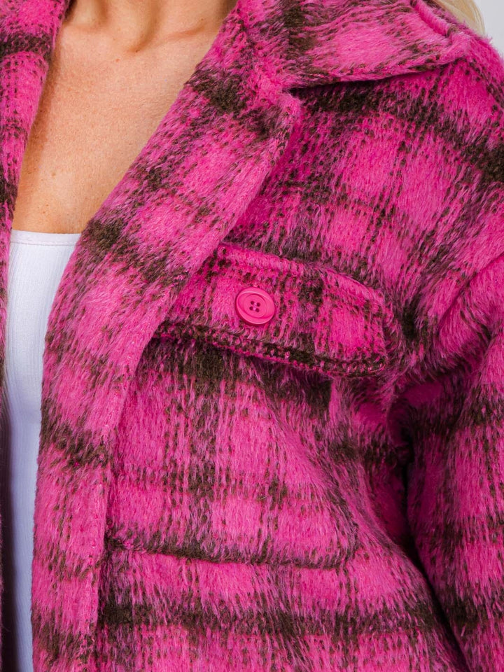 WOMEN'S LONG SLEEVE BUTTON UP POCKETS PLAID COAT