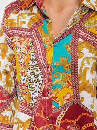 WOMEN'S LONG SLEEVE BUTTON UP MULTI PRINT BLOUSE