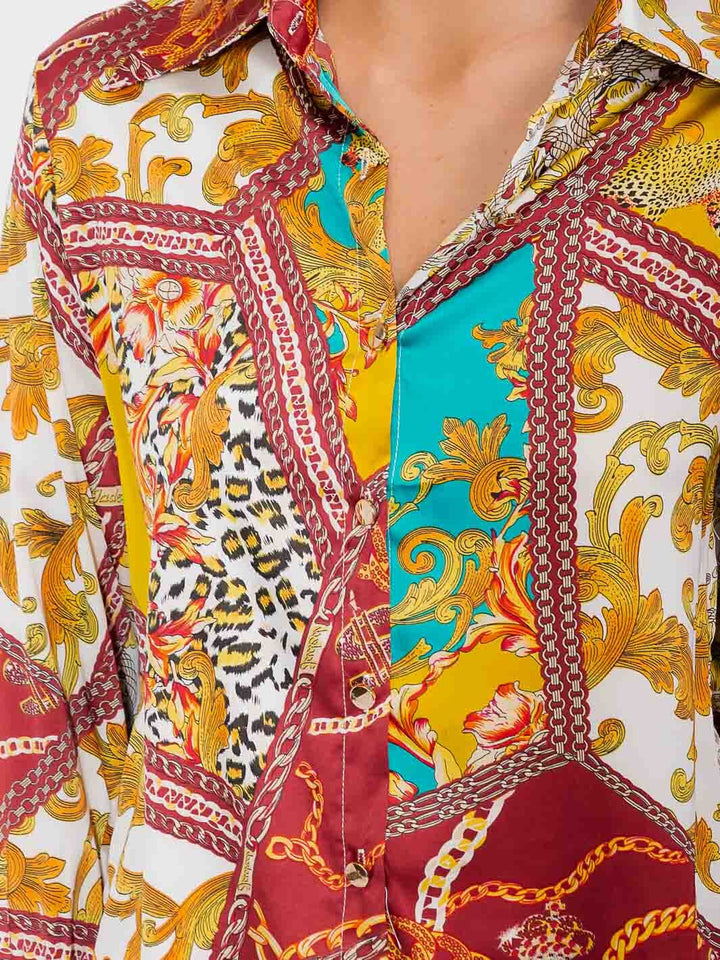 WOMEN'S LONG SLEEVE BUTTON UP MULTI PRINT BLOUSE