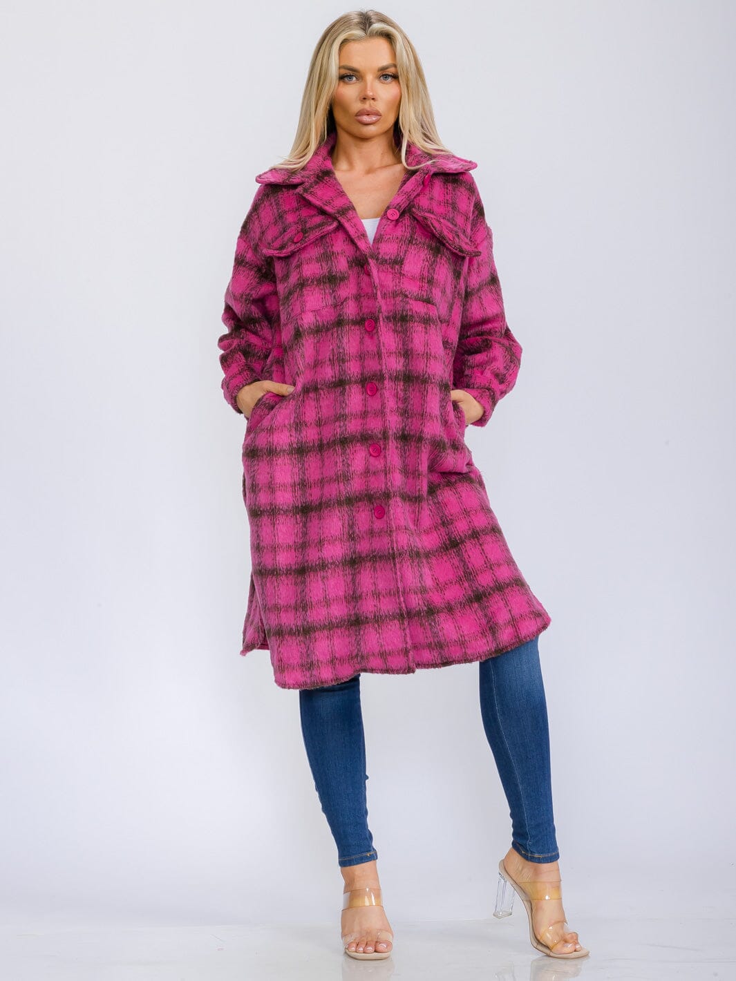 WOMEN'S LONG SLEEVE BUTTON UP POCKETS PLAID COAT