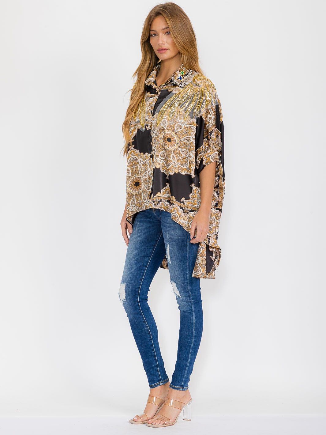 WOMEN'S SHORT SLEEVE BUTTON UP HIGH-LOW STUDS TUNIC BLOUSE