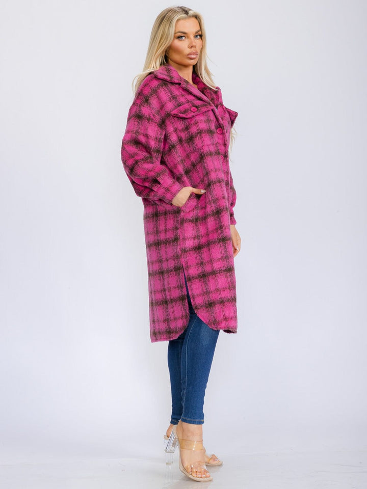 WOMEN'S LONG SLEEVE BUTTON UP POCKETS PLAID COAT