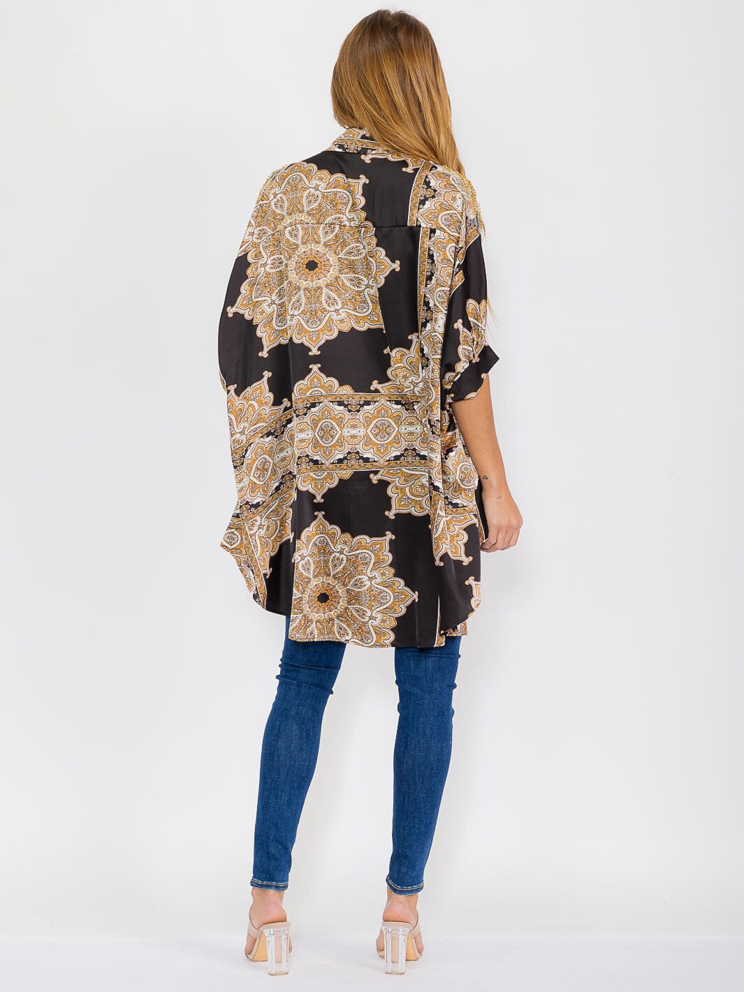 WOMEN'S SHORT SLEEVE BUTTON UP HIGH-LOW STUDS TUNIC BLOUSE