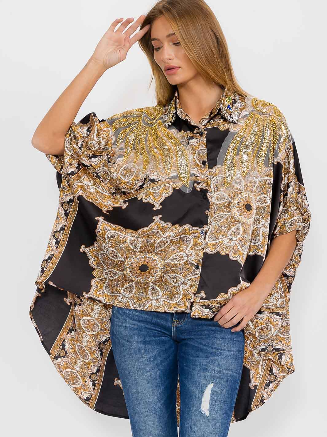 WOMEN'S SHORT SLEEVE BUTTON UP HIGH-LOW STUDS TUNIC BLOUSE