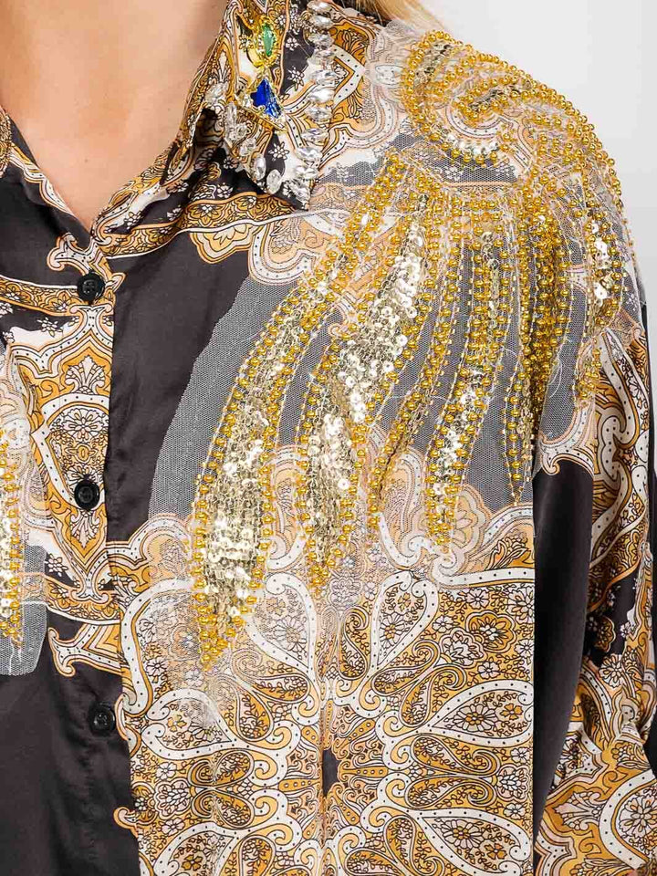 WOMEN'S SHORT SLEEVE BUTTON UP HIGH-LOW STUDS TUNIC BLOUSE