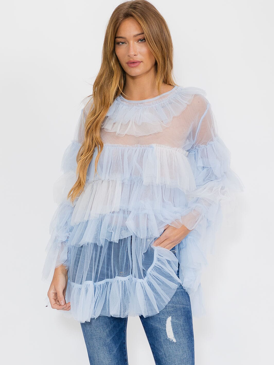 WOMEN'S LONG SLEEVE TIERED RUFFLE TOP