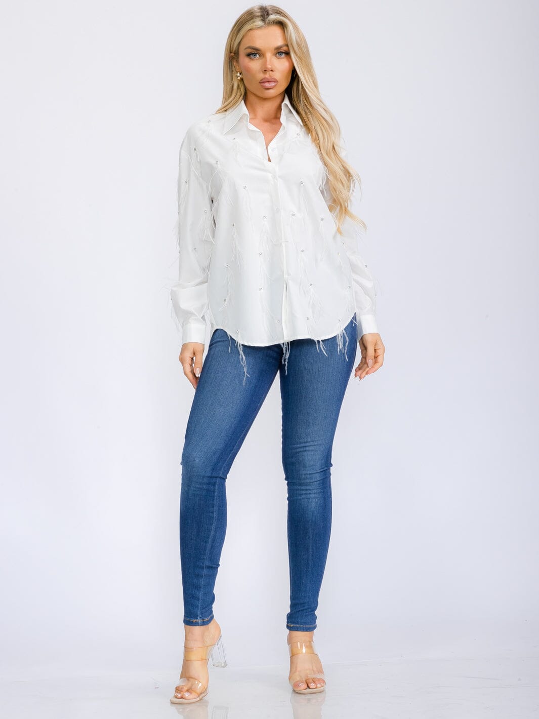 WOMEN'S LONG SLEEVE BUTTON UP STUDS WITH FEATHERS BLOUSE TOP