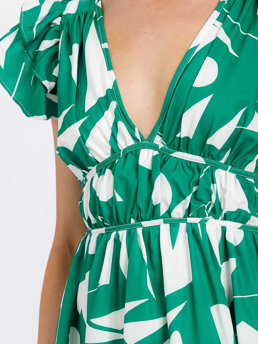 WOMEN'S SHORT RUFFLE SLEEVES SMOCK WAIST V-NECK PRINTED MINI DRESS