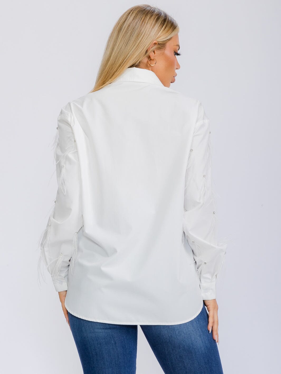 WOMEN'S LONG SLEEVE BUTTON UP STUDS WITH FEATHERS BLOUSE TOP