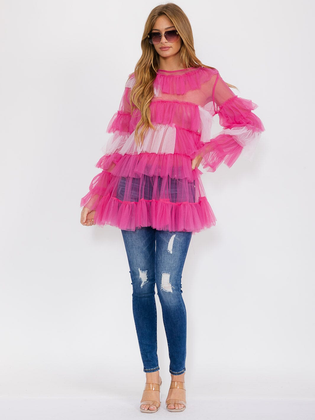 WOMEN'S LONG SLEEVE TIERED RUFFLE TOP