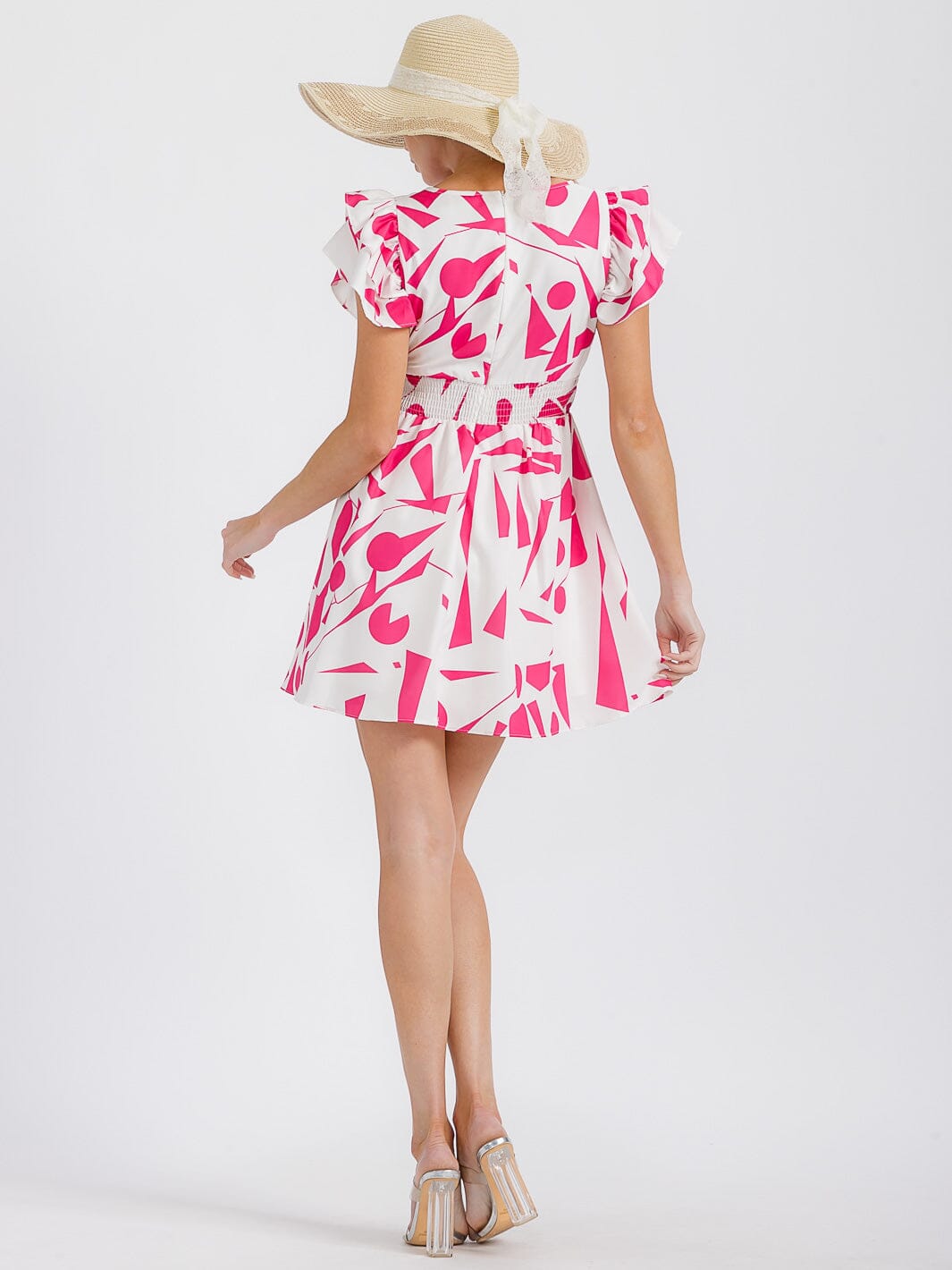 WOMEN'S SHORT RUFFLE SLEEVES SMOCK WAIST V-NECK PRINTED MINI DRESS