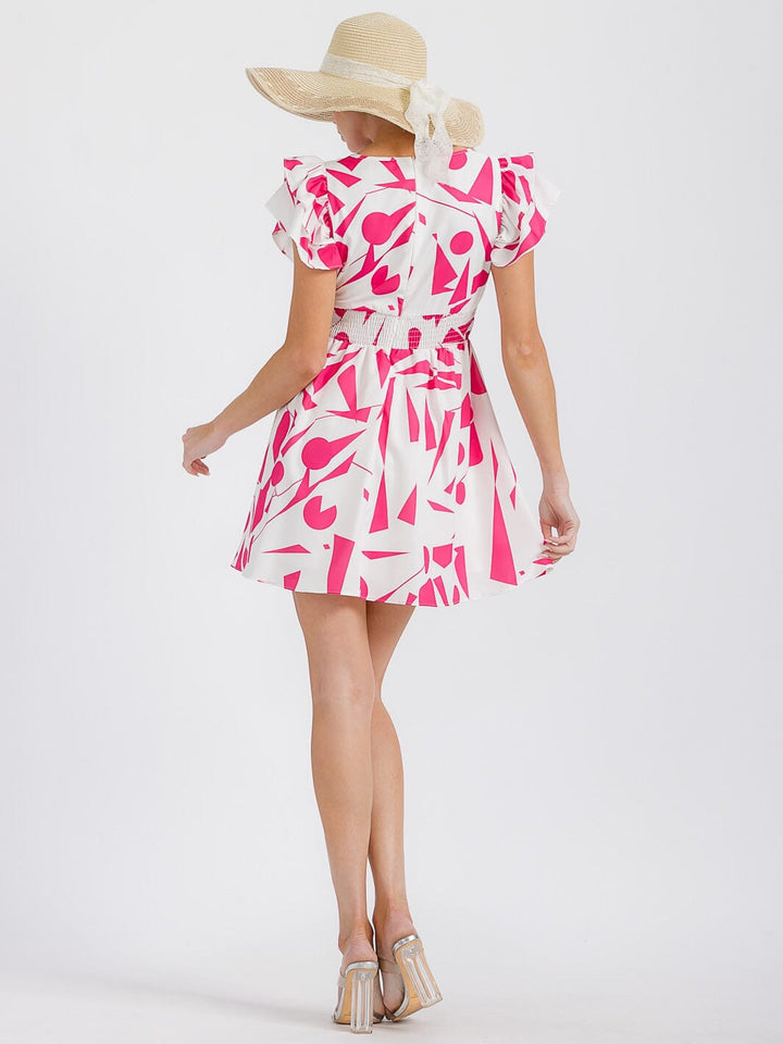 WOMEN'S SHORT RUFFLE SLEEVES SMOCK WAIST V-NECK PRINTED MINI DRESS