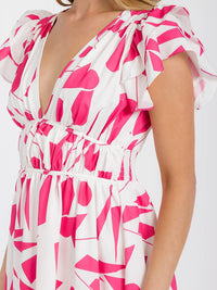 WOMEN'S SHORT RUFFLE SLEEVES SMOCK WAIST V-NECK PRINTED MINI DRESS