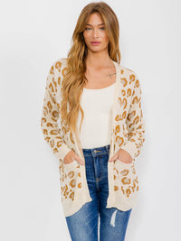WOMEN'S LONG SLEEVE OPEN FRONT POCKETS ANIMAL PRINT CARDIGAN