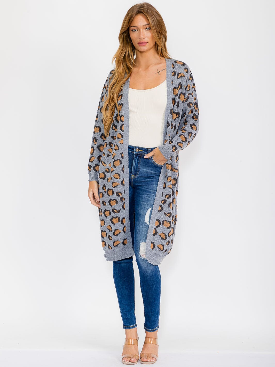 WOMEN'S LONG SLEEVE OPEN FRONT POCKETS ANIMAL PRINT CARDIGAN