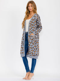 WOMEN'S LONG SLEEVE OPEN FRONT POCKETS ANIMAL PRINT CARDIGAN