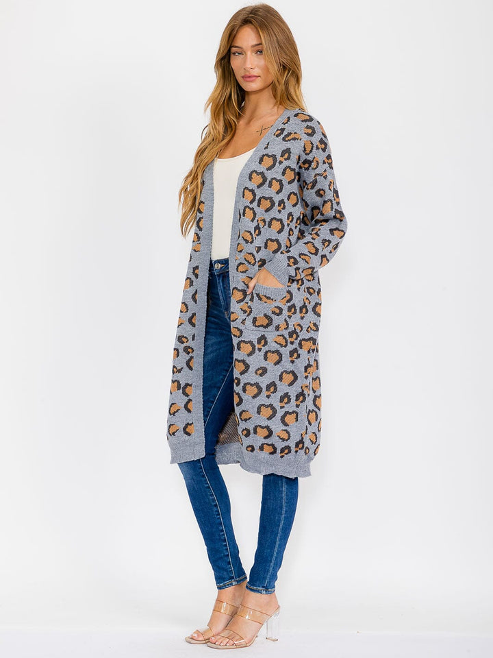 WOMEN'S LONG SLEEVE OPEN FRONT POCKETS ANIMAL PRINT CARDIGAN