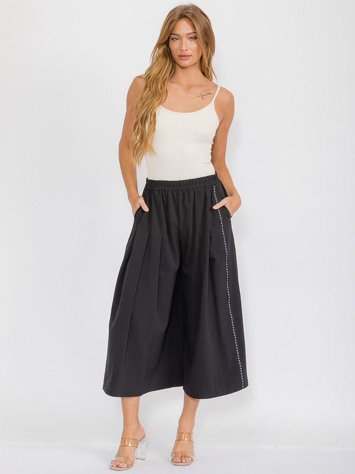 WOMEN'S ELASTIC WAIST FRON POCKETS TRIM DETAILED WIDE LEG PANTS