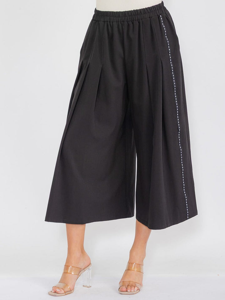 WOMEN'S ELASTIC WAIST FRON POCKETS TRIM DETAILED WIDE LEG PANTS