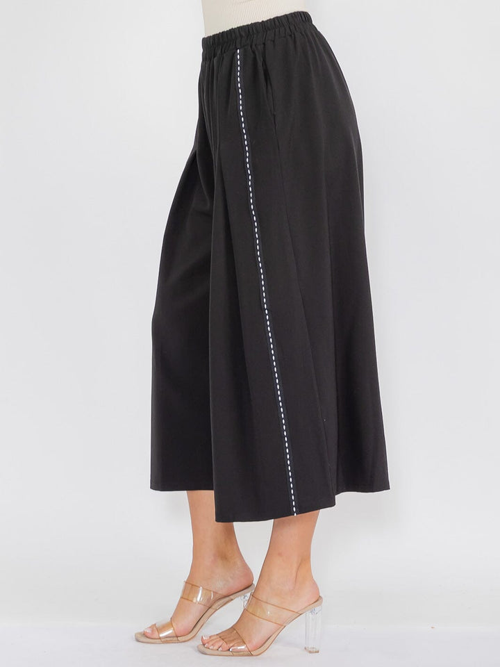 WOMEN'S ELASTIC WAIST FRON POCKETS TRIM DETAILED WIDE LEG PANTS