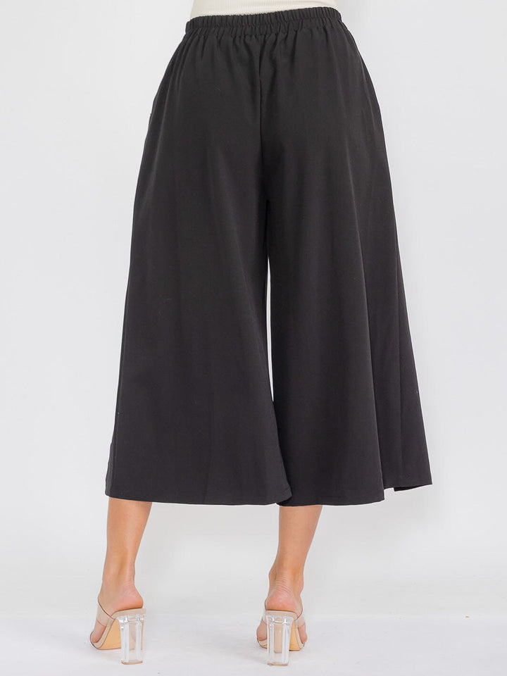 WOMEN'S ELASTIC WAIST FRON POCKETS TRIM DETAILED WIDE LEG PANTS