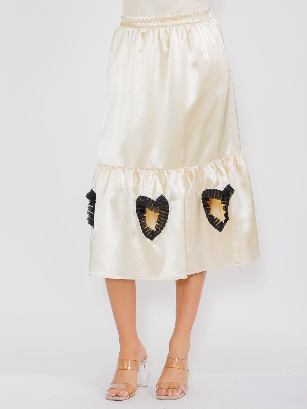 WOMEN'S ELASTIC WAIST FRONT POCKETS CUT OUT DETAILED MIDI SKIRT