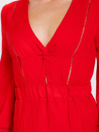 WOMEN'S LONG SLEEVE V-NECK CUT OUT ELASTIC WAIST RUFFLE MINI DRESS