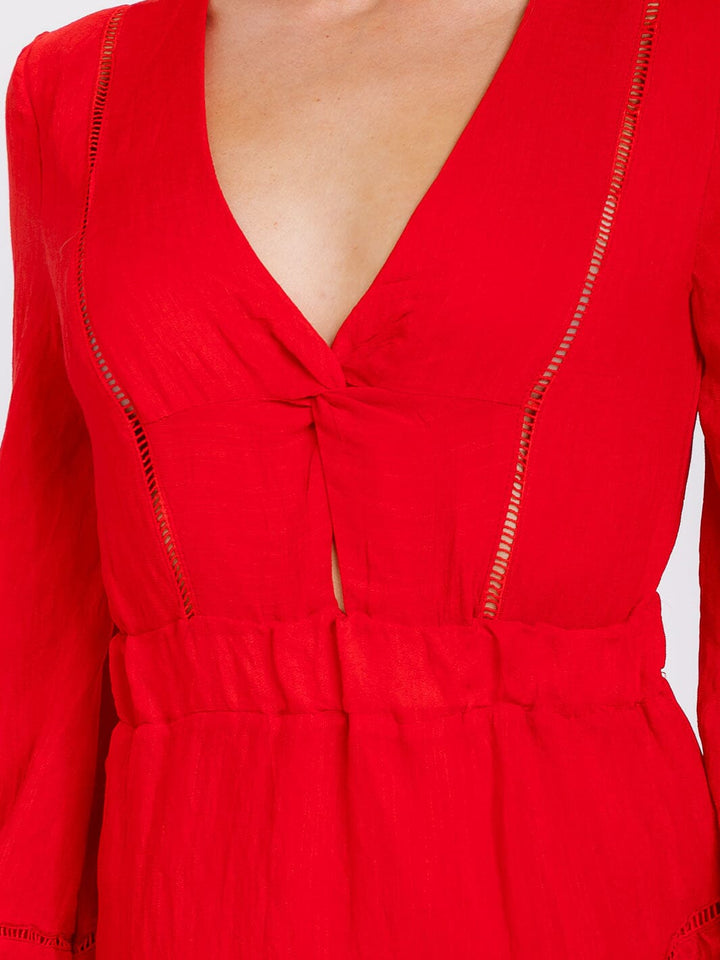 WOMEN'S LONG SLEEVE V-NECK CUT OUT ELASTIC WAIST RUFFLE MINI DRESS