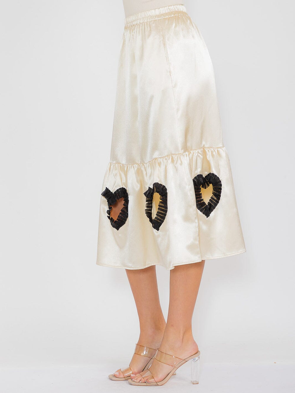 WOMEN'S ELASTIC WAIST FRONT POCKETS CUT OUT DETAILED MIDI SKIRT