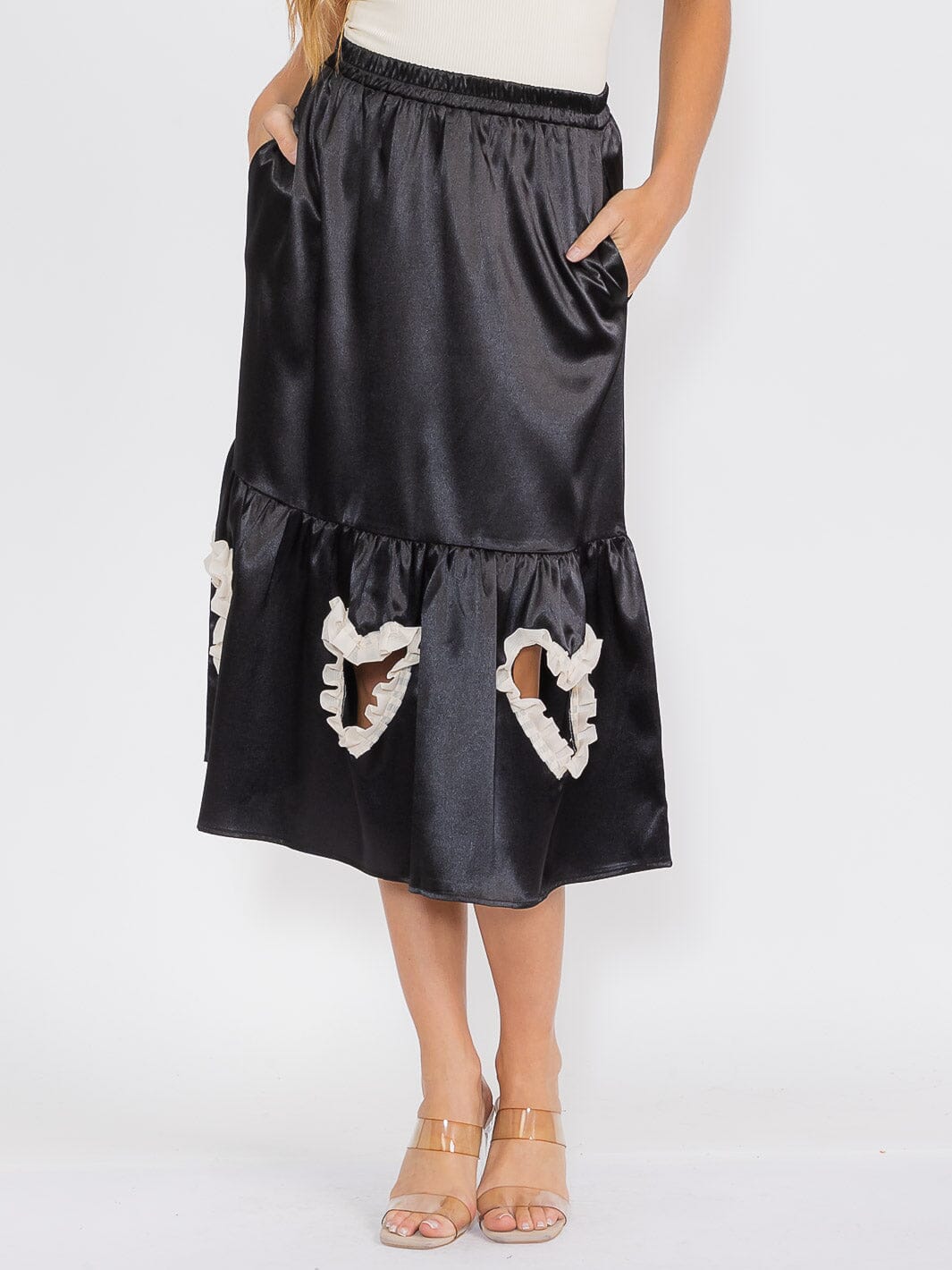 WOMEN'S ELASTIC WAIST FRONT POCKETS CUT OUT DETAILED MIDI SKIRT