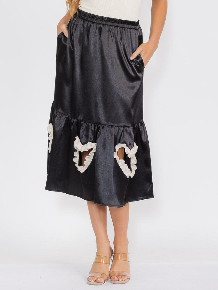 WOMEN'S ELASTIC WAIST FRONT POCKETS CUT OUT DETAILED MIDI SKIRT