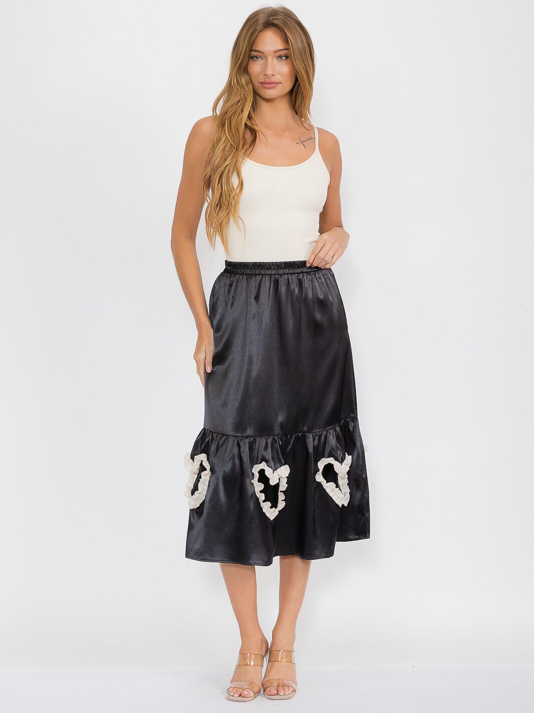 WOMEN'S ELASTIC WAIST FRONT POCKETS CUT OUT DETAILED MIDI SKIRT