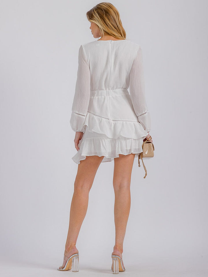 WOMEN'S LONG SLEEVE V-NECK CUT OUT ELASTIC WAIST RUFFLE MINI DRESS