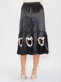 WOMEN'S ELASTIC WAIST FRONT POCKETS CUT OUT DETAILED MIDI SKIRT