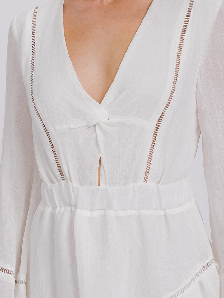 WOMEN'S LONG SLEEVE V-NECK CUT OUT ELASTIC WAIST RUFFLE MINI DRESS