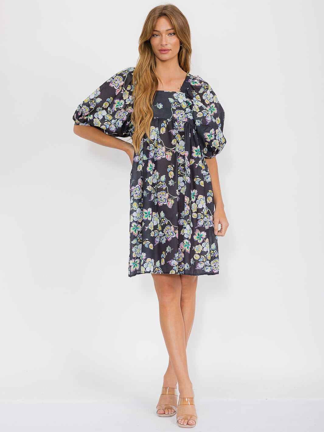 WOMEN'S SHORT PUFF SLEEVE SQUARE NECK FLORAL TUNIC MIDI DRESS