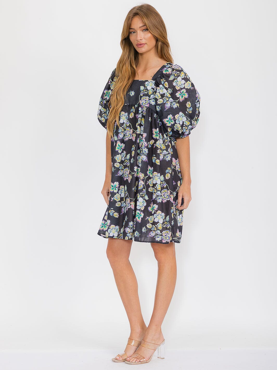 WOMEN'S SHORT PUFF SLEEVE SQUARE NECK FLORAL TUNIC MIDI DRESS