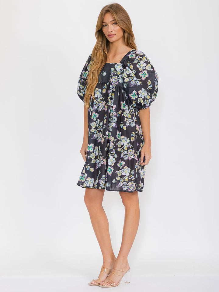 WOMEN'S SHORT PUFF SLEEVE SQUARE NECK FLORAL TUNIC MIDI DRESS