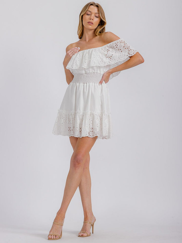 WOMEN'S OFF SHOULDER SMOCK WAIST EYELET RUFFLE MINI DRESS