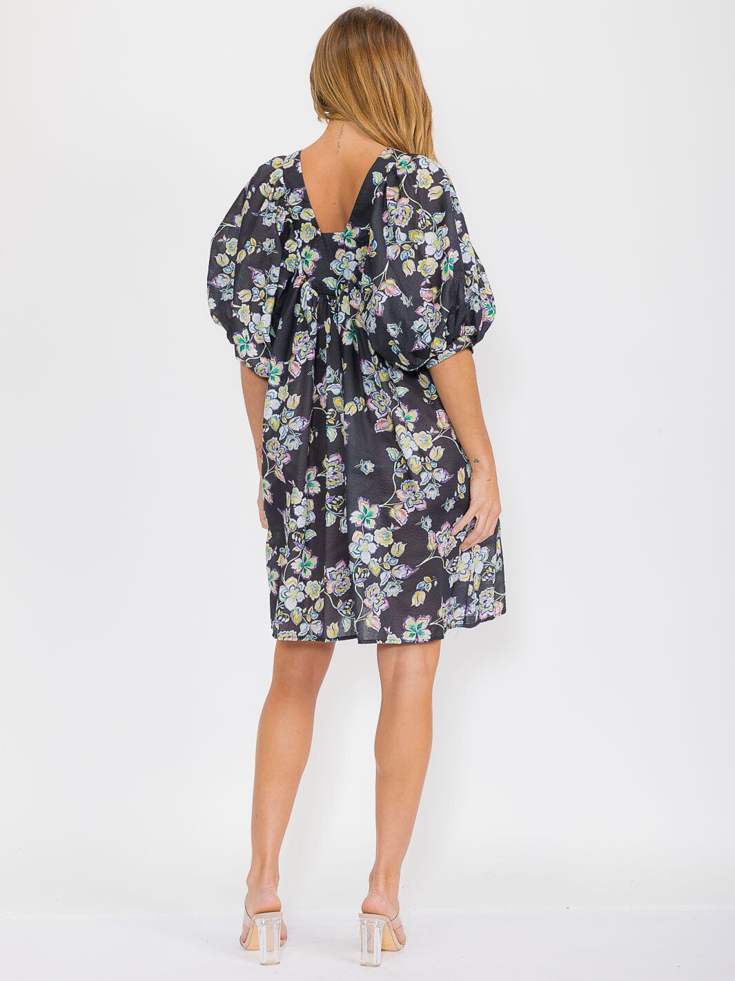 WOMEN'S SHORT PUFF SLEEVE SQUARE NECK FLORAL TUNIC MIDI DRESS