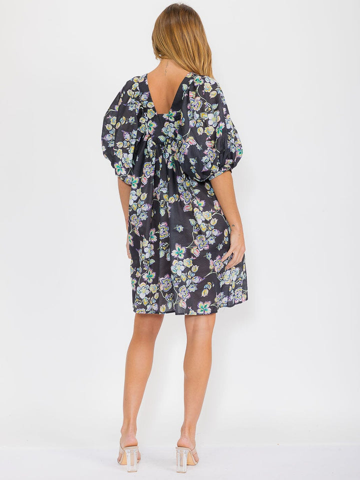 WOMEN'S SHORT PUFF SLEEVE SQUARE NECK FLORAL TUNIC MIDI DRESS