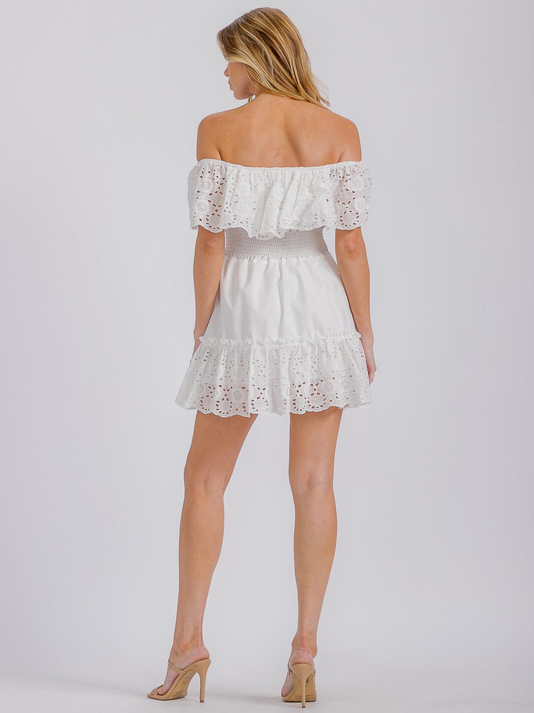 WOMEN'S OFF SHOULDER SMOCK WAIST EYELET RUFFLE MINI DRESS