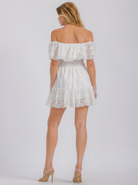 WOMEN'S OFF SHOULDER SMOCK WAIST EYELET RUFFLE MINI DRESS