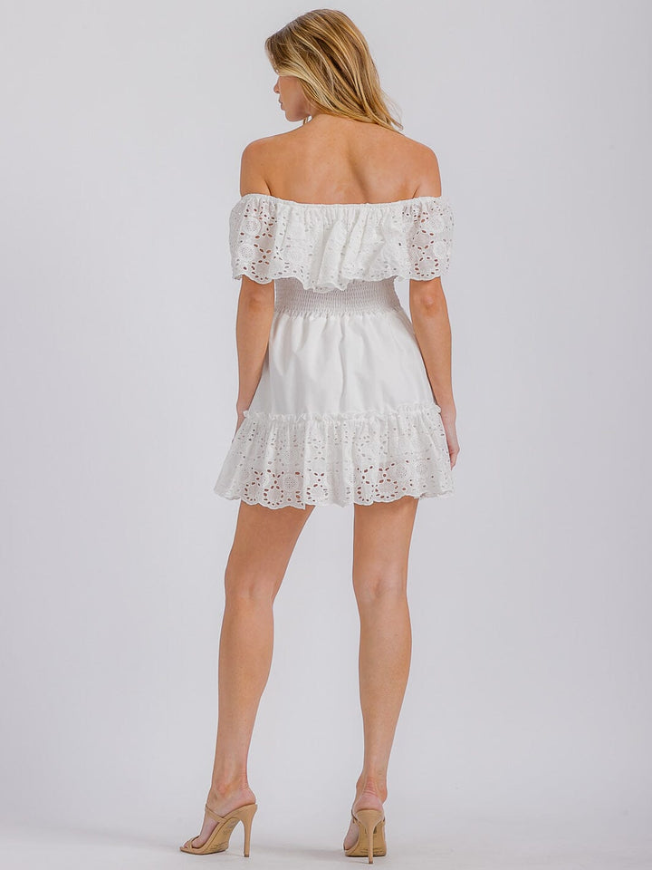 WOMEN'S OFF SHOULDER SMOCK WAIST EYELET RUFFLE MINI DRESS