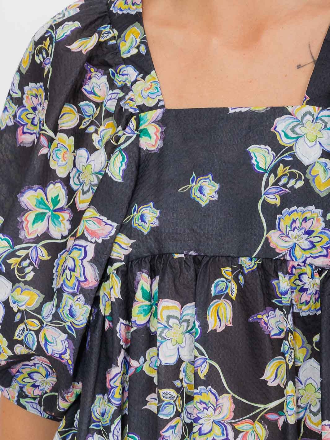 WOMEN'S SHORT PUFF SLEEVE SQUARE NECK FLORAL TUNIC MIDI DRESS