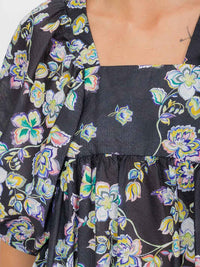 WOMEN'S SHORT PUFF SLEEVE SQUARE NECK FLORAL TUNIC MIDI DRESS