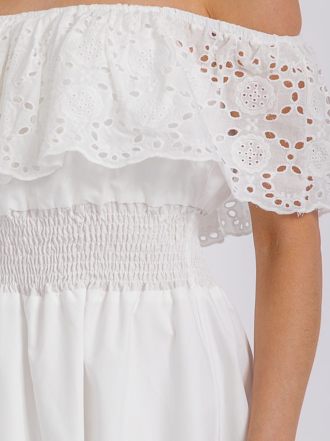 WOMEN'S OFF SHOULDER SMOCK WAIST EYELET RUFFLE MINI DRESS