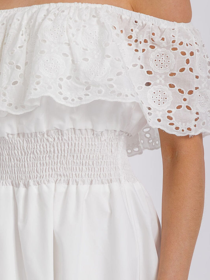 WOMEN'S OFF SHOULDER SMOCK WAIST EYELET RUFFLE MINI DRESS