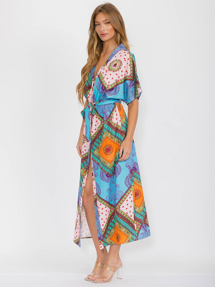 WOMEN'S SHORT SLEEVES V-NECK BUTTON UP MULTI PRINT MAXI DRESS